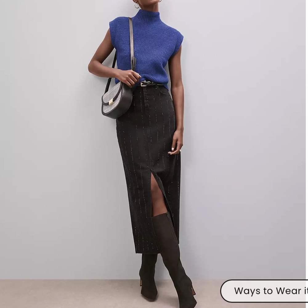 LOFT Sparkle Pinstripe Denim Midi Skirt in Washed Black - NWT - Size 4